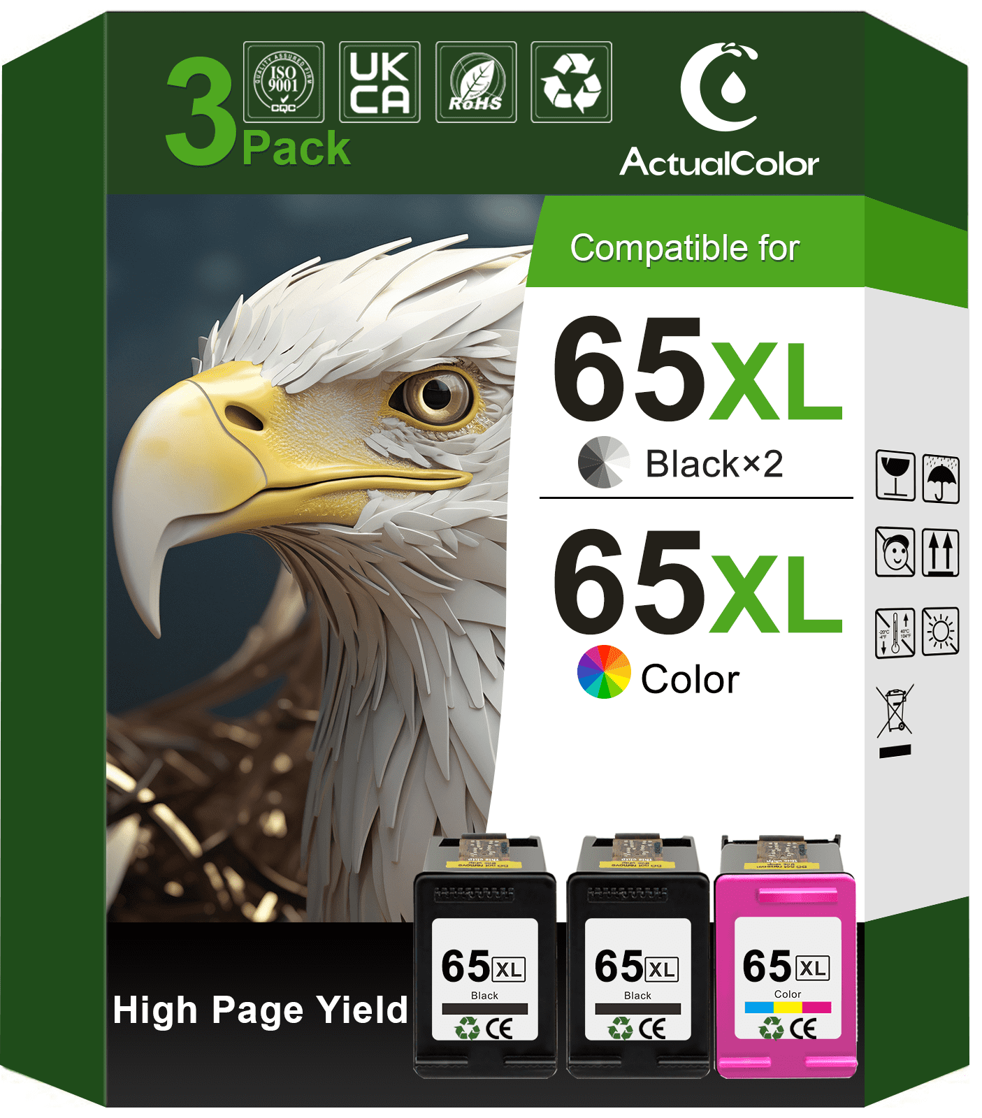 65 Ink Cartridge Compatible for HP Printer Ink 65 for HP 65XL Ink Cartridges Combo Black and Color (3 Pack)