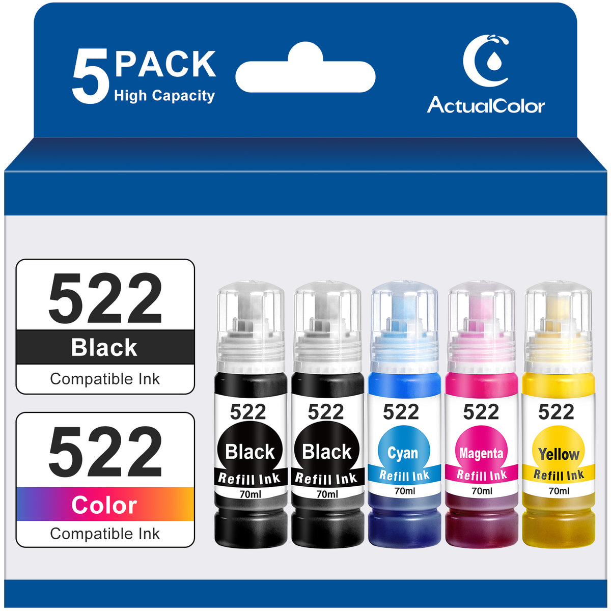 ACTUALCOLOR C 522 Ink Bottle Compatible for Epson 522 Ink Bottles for EcoTank ET-2803 2720 4700 2800 4800 Printer, 5 Pack