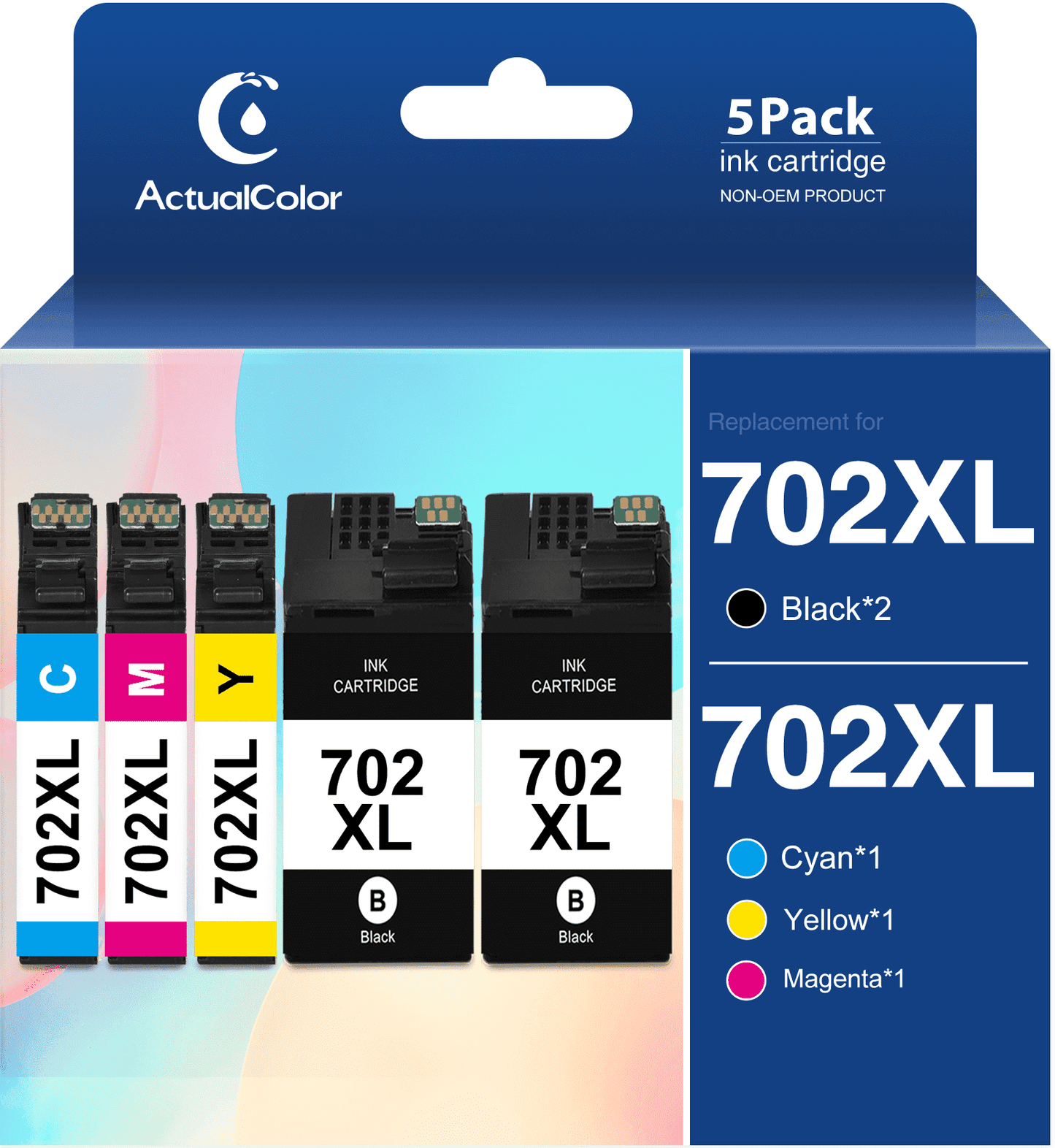 702 702XL Ink Cartridge for Epson Ink 702 702XL for Workforce WF-3720 (Black Cyan Magenta Yellow, 5 Pack)