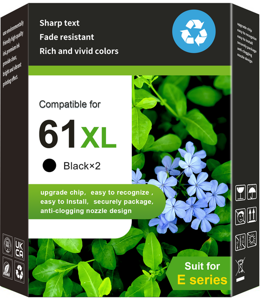 61XL Black Ink Cartridge Compatible for HP 61 Black Ink (2 Pack)