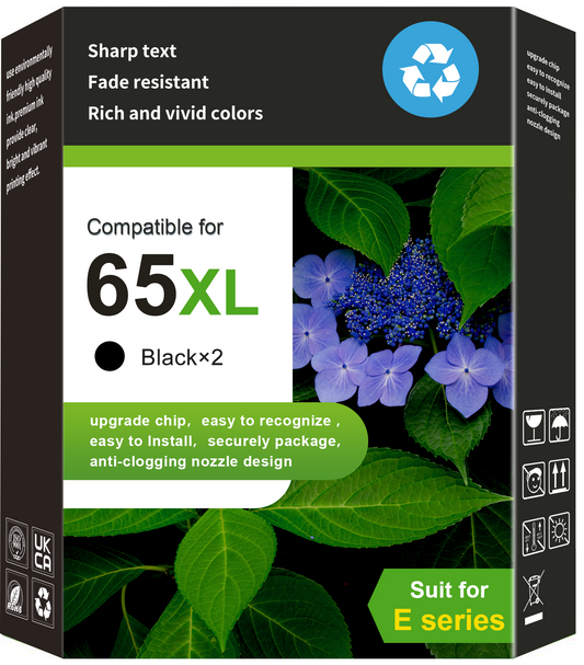 65XL Black Ink Compatible for HP 65 Ink Cartridge for Envy 5000 DeskJet 2600 Printer, 2 Pack