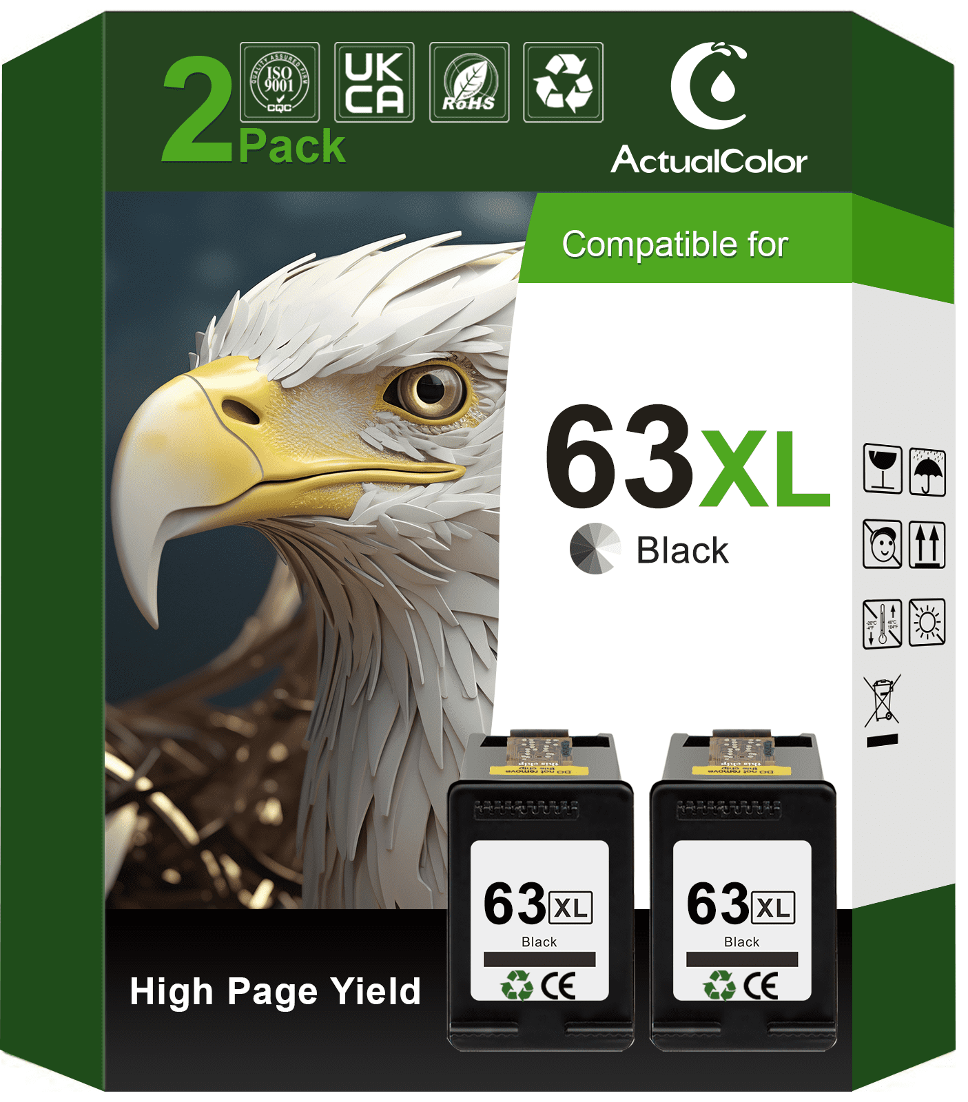 63XL 63 Black Ink Cartridge Compatible for HP Black Ink 63 (2 Pack)
