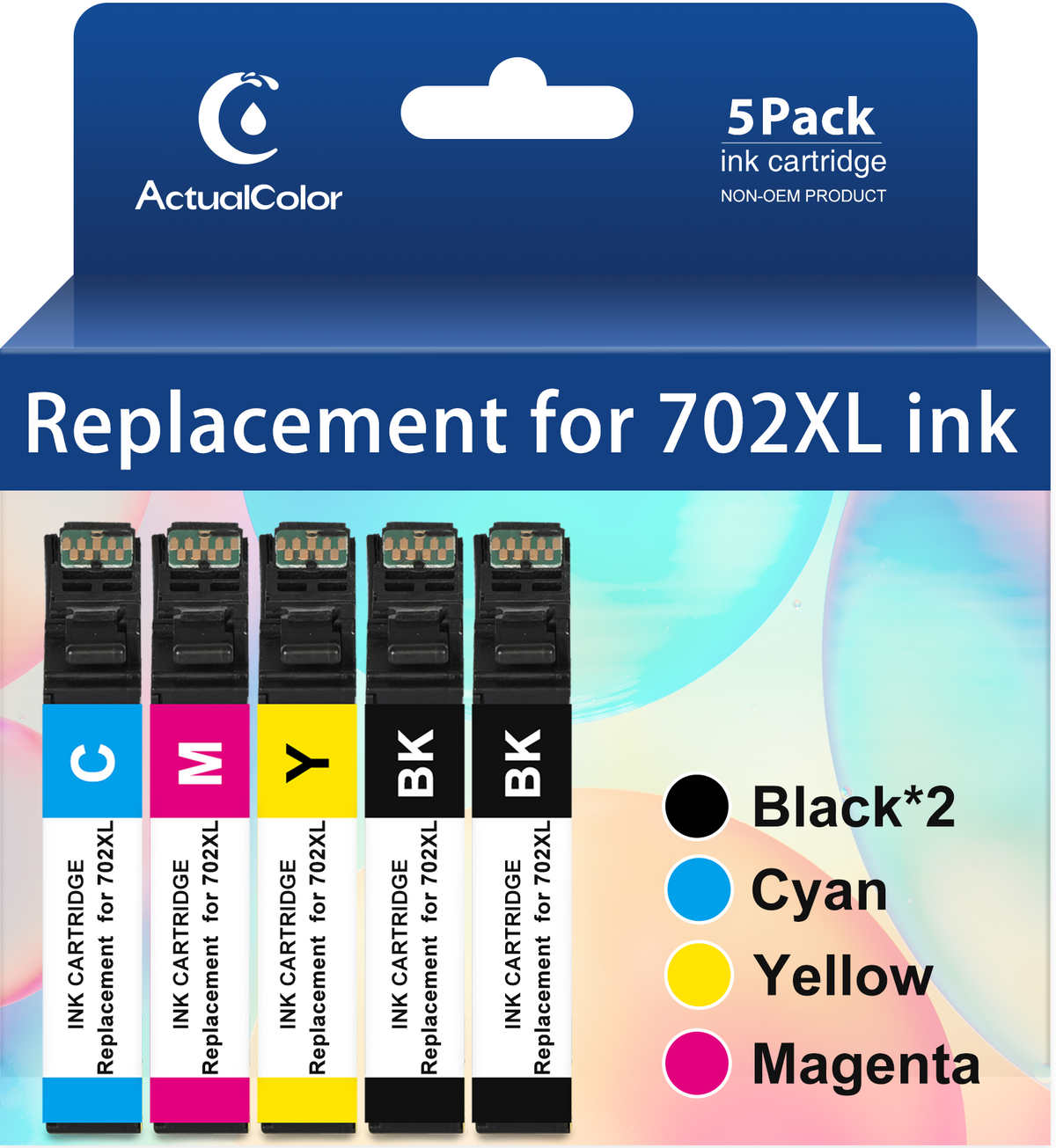 ACTUALCOLOR C 702XL Ink Compatible for Epson 702 Ink Cartridge for Workforce WF-3720, 5 Pack