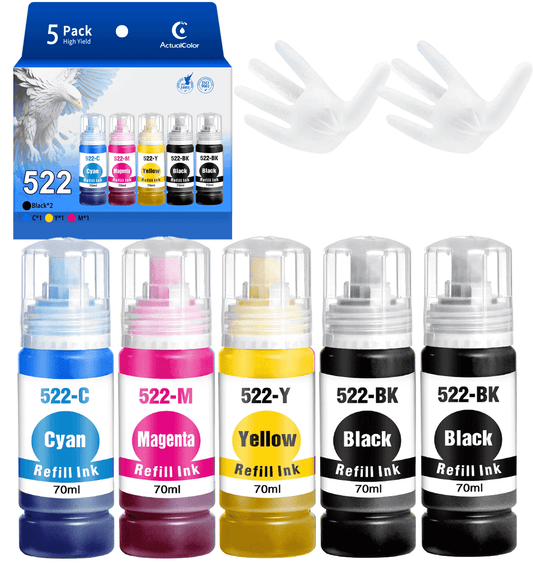 522 Ink Refill Bottle for Epson 522 Ink Bottles for EcoTank ET-2720 4700 2800 4800 Printer, 5 Pack